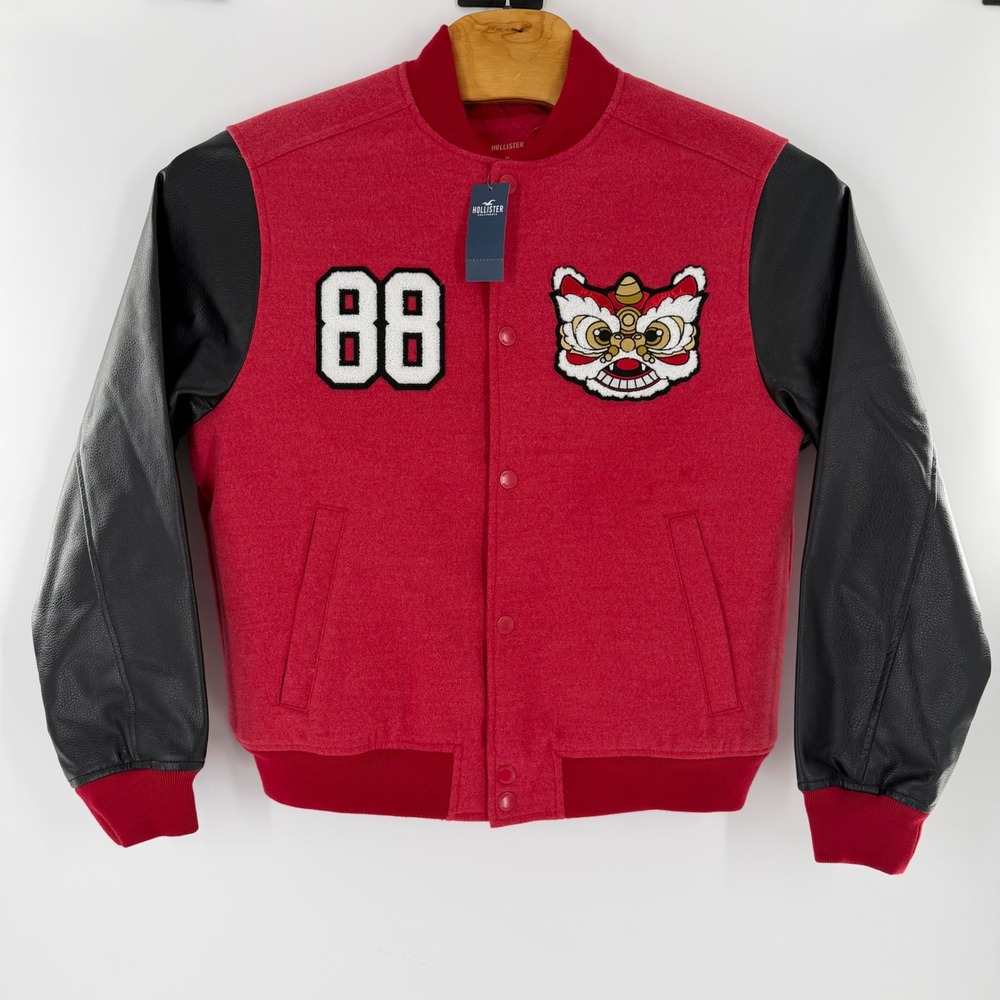 Hollister Mens Lunar New Year Varsity Jacket Red Black Good Luck Lion 88 Medium